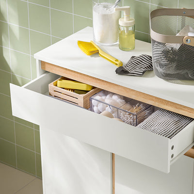 SoBuy BZR79-W Meuble de Salle de Bain avec Panier à Linge Intégré, Tiroir et Double Porte – Blanc et Bois