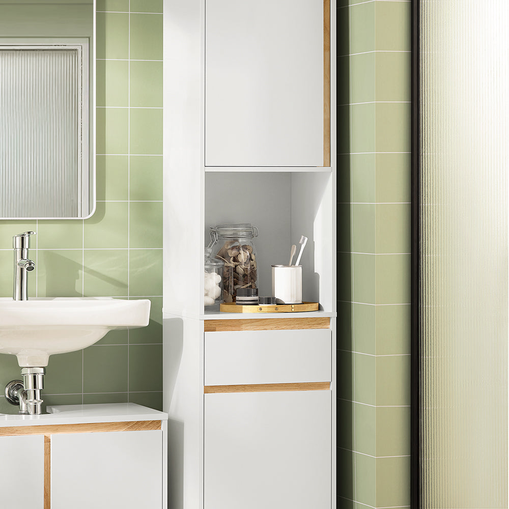 SoBuy BZR80-W Colonne de Salle de Bain 170 cm – Tiroir, Portes et Étagère Ouverte – Blanc