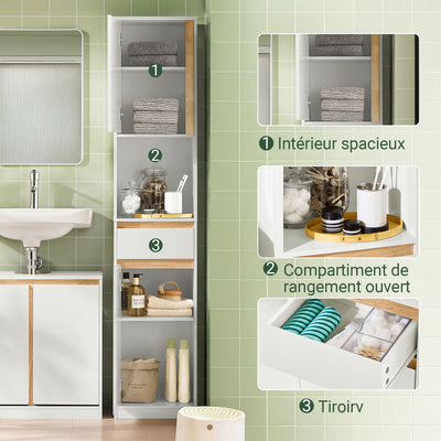 SoBuy BZR80-W Colonne de Salle de Bain 170 cm – Tiroir, Portes et Étagère Ouverte – Blanc