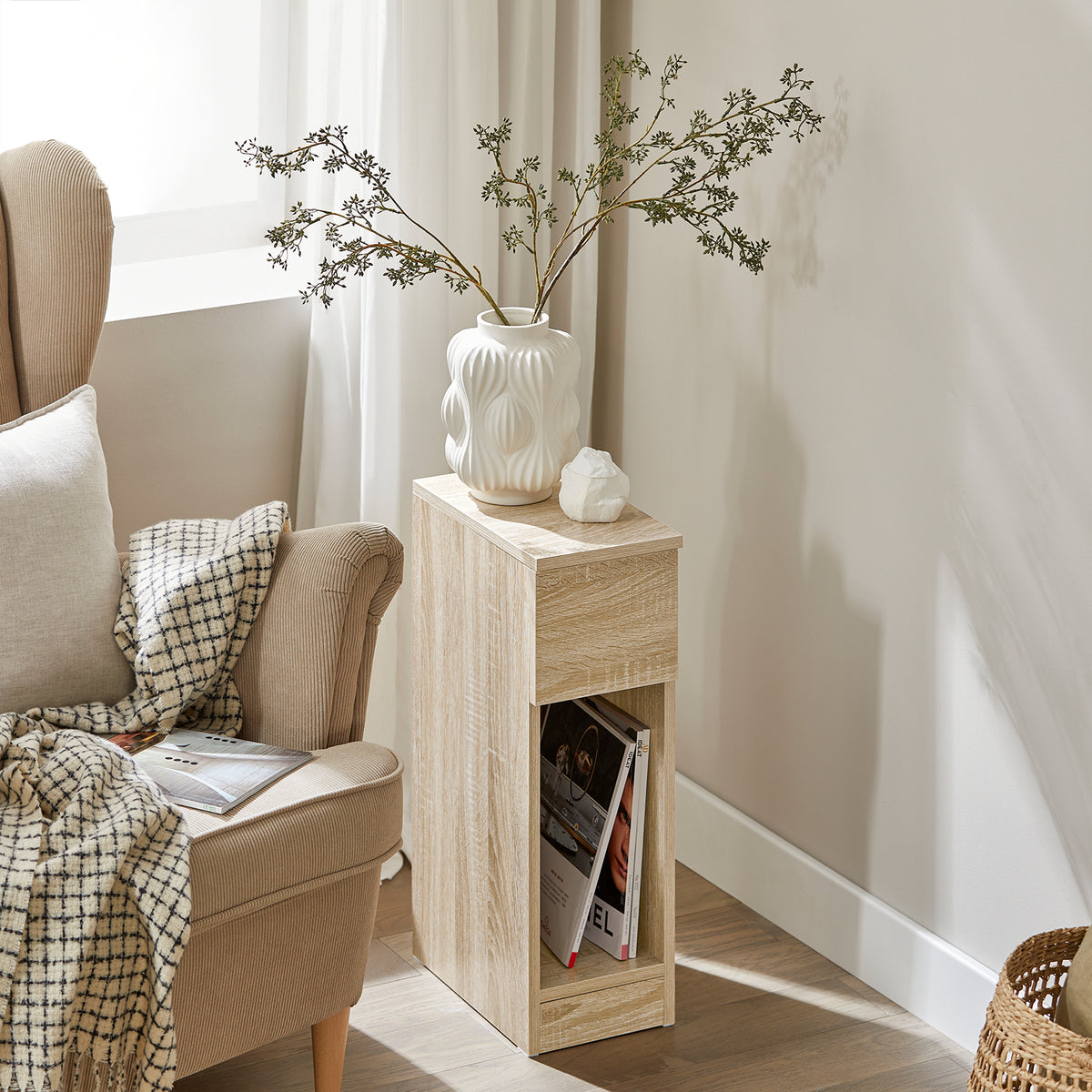 SoBuy FBT111-N Table de Chevet Ultra-Fine avec Tiroir et Étagère – L20×P35×H60 cm, Charge max. 20 kg, MDF/PB E1, Naturel