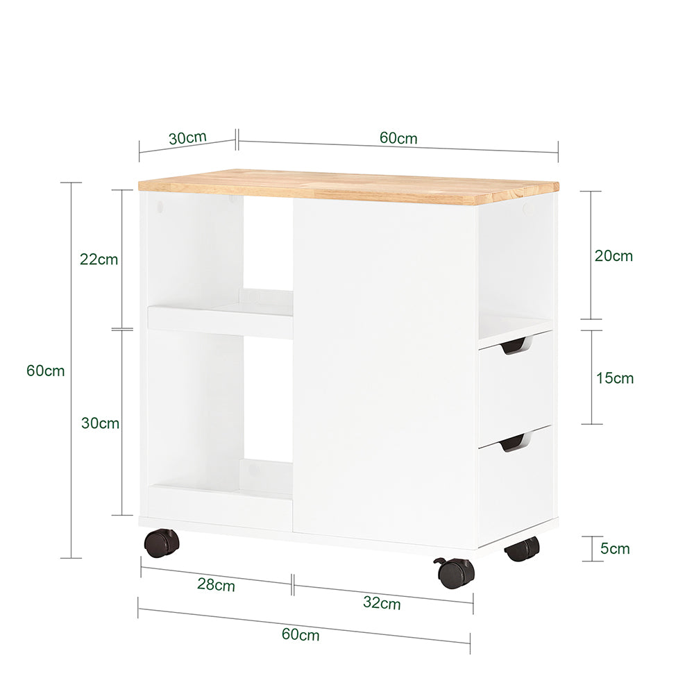 SoBuy FBT130-WN Bout de Canapé, Table d'appoint avec 2 Tiroirs, Compartiment Ouvert, Meuble de Rangement à roulettes, Chariot pour Salon, Bureau, Chambre, Blanc, L60xP30xH60cm