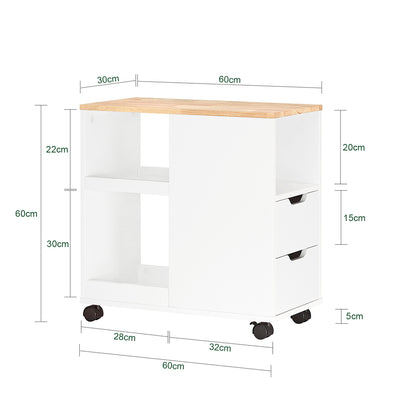 SoBuy FBT130-WN Bout de Canapé, Table d'appoint avec 2 Tiroirs, Compartiment Ouvert, Meuble de Rangement à roulettes, Chariot pour Salon, Bureau, Chambre, Blanc, L60xP30xH60cm