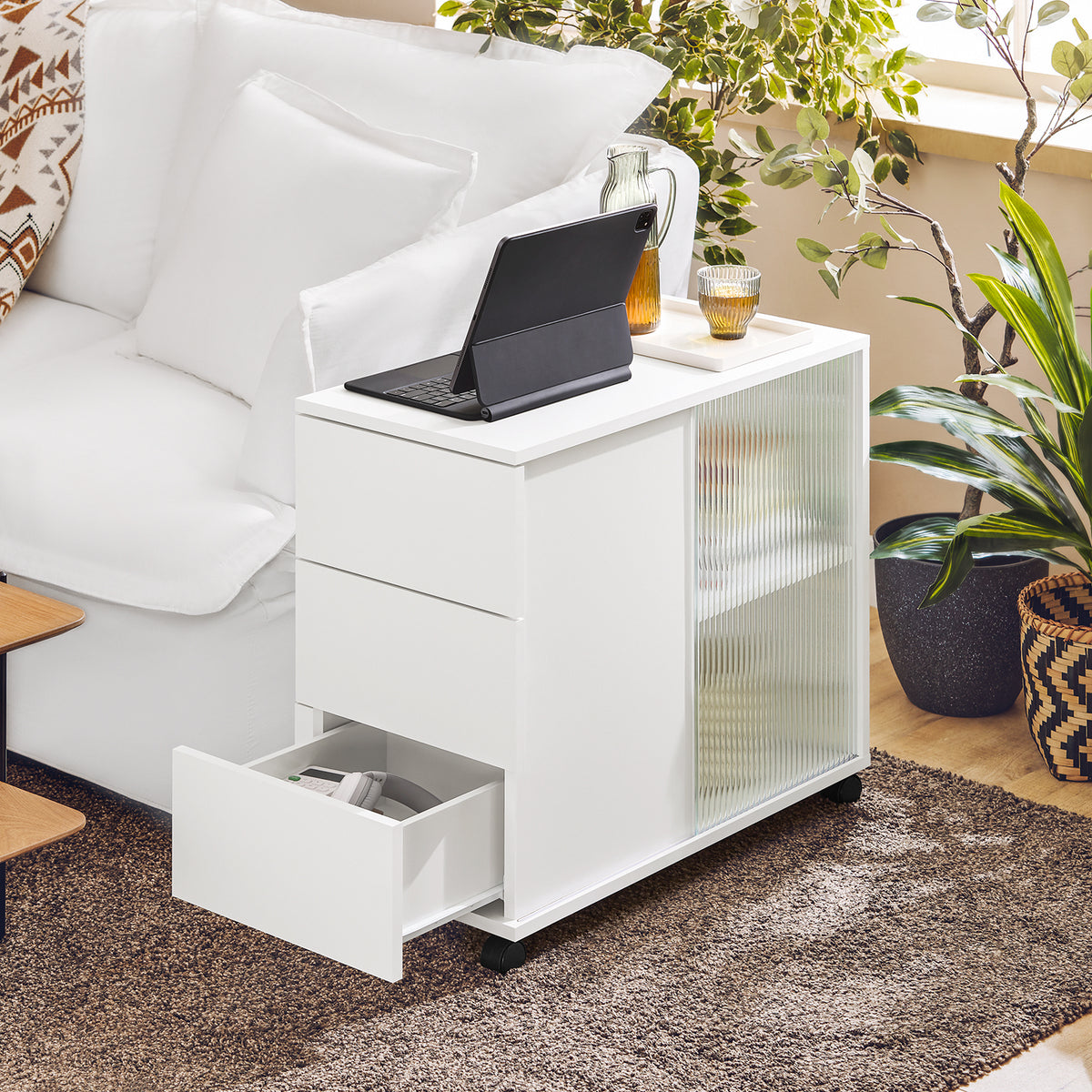 SoBuy FBT141-W Bout de Canapé, Table d'appoint Roulante, Table Basse, Table à Café avec 3 Tiroir, pour Salon, Bureau, Chambre
