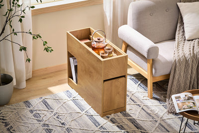 SoBuy FBT158-N Table de Chevet avec Plateau Amovible et Tiroir, Gain de Place, pour Salon et Chambre, Rangement Optimisé, Compact – L25×P70×H55 cm, Naturel