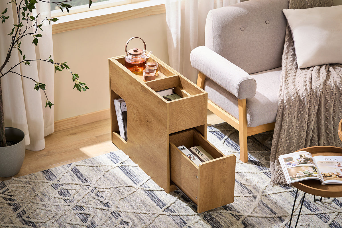 SoBuy FBT158-N Table de Chevet avec Plateau Amovible et Tiroir, Gain de Place, pour Salon et Chambre, Rangement Optimisé, Compact – L25×P70×H55 cm, Naturel