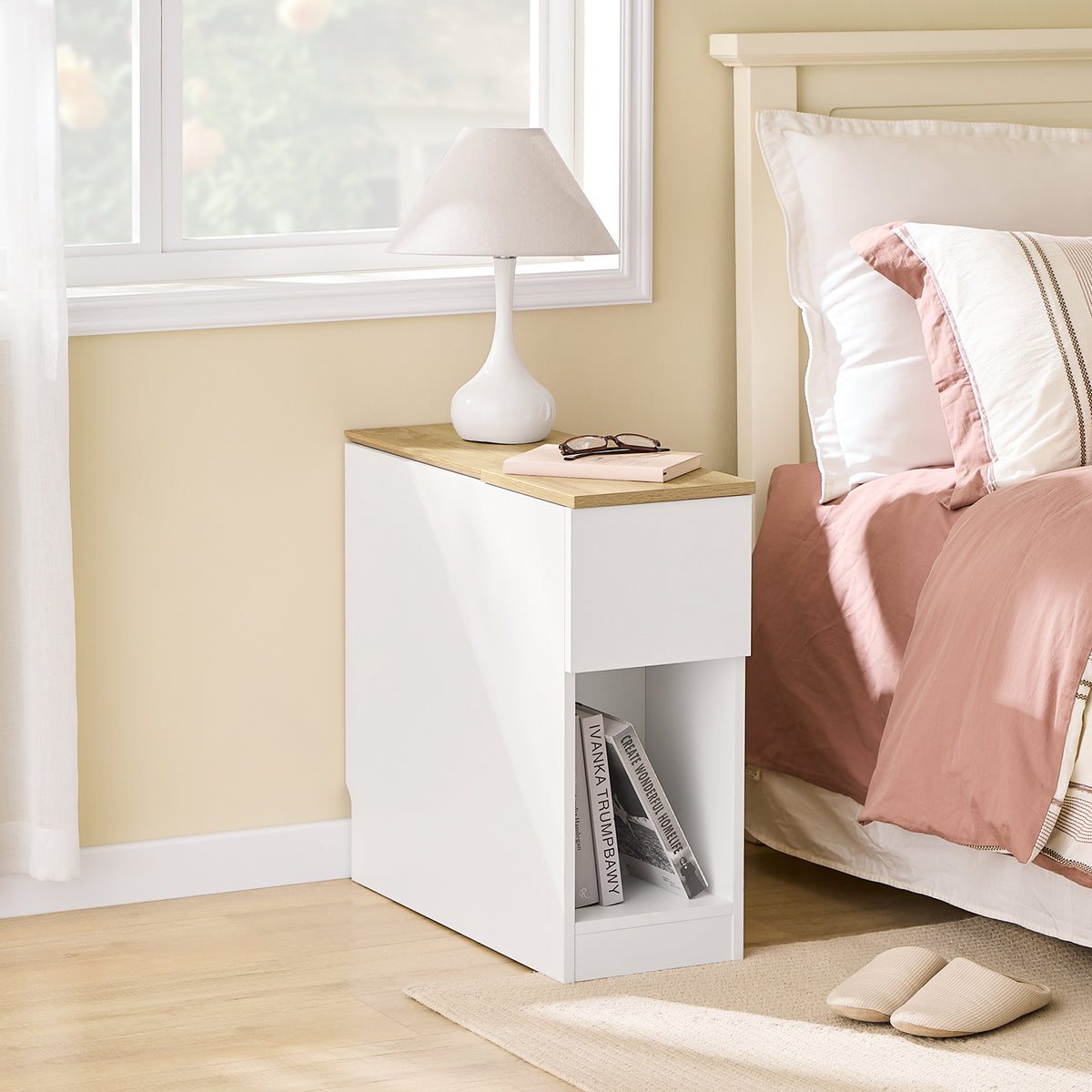 SoBuy FBT162-WN Table d'Appoint Étroite 65×25×60 cm – 1 Compartiment, 2 Tiroirs, Charnières Silencieuses, Blanc et Naturel