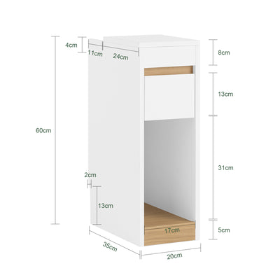SoBuy FBT163-WN Table de Chevet Slim avec Tiroir, Plateau Amovible et Découpe pour Plinthe – L20×P35×H60 cm, Charge 20 kg, Blanc et Naturel