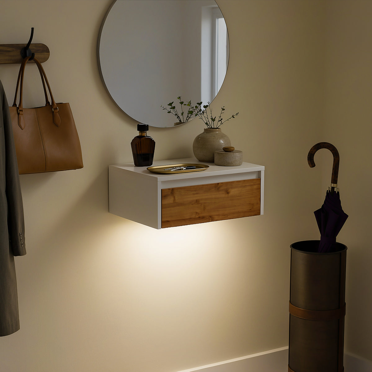 SoBuy FBT174-E-WN Table de Chevet Murale avec Lampe LED à Détection de Mouvement, 2 Tiroirs – Flottante, Blanc Naturel, 40×29,8×15,6 cm