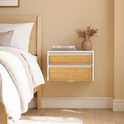 SoBuy FBT175-E-WN Table de Chevet Murale avec LED à Détection de Mouvement, 2 Tiroirs Push – Blanc/Naturel, 40×29,8×25,6 cm