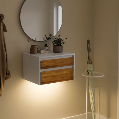 SoBuy FBT175-E-WN Table de Chevet Murale avec LED à Détection de Mouvement, 2 Tiroirs Push – Blanc/Naturel, 40×29,8×25,6 cm