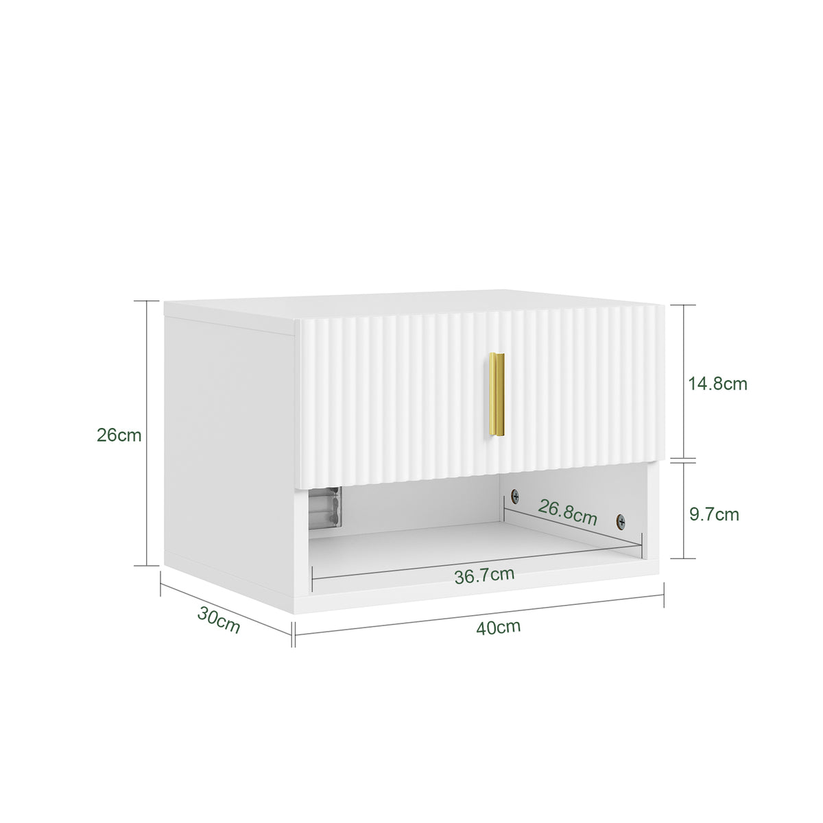 SoBuy FBT176-E-W Table de Chevet Suspendue avec LED – Tiroir Réversible, Façade Ondulée, Poignée Dorée, Blanc, 40×26×30 cm