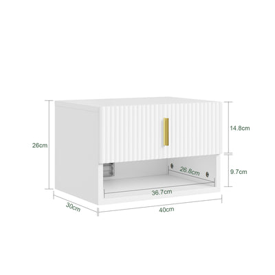 SoBuy FBT176-E-W Table de Chevet Suspendue avec LED – Tiroir Réversible, Façade Ondulée, Poignée Dorée, Blanc, 40×26×30 cm
