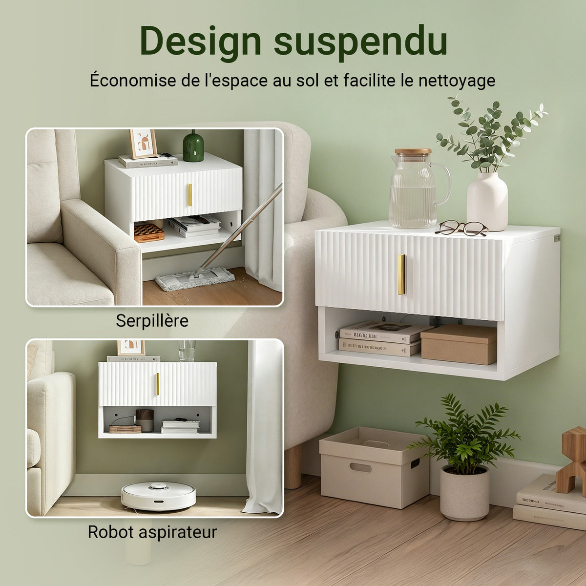 SoBuy FBT176-E-W Table de Chevet Suspendue avec LED – Tiroir Réversible, Façade Ondulée, Poignée Dorée, Blanc, 40×26×30 cm