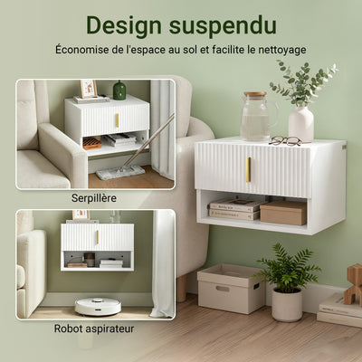 SoBuy FBT176-E-W Table de Chevet Suspendue avec LED – Tiroir Réversible, Façade Ondulée, Poignée Dorée, Blanc, 40×26×30 cm