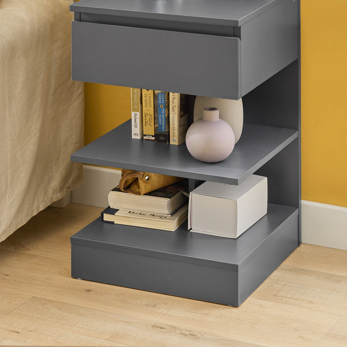 SoBuy FBT49-HGx2 Lot de 2 Table de Chevet - Table de Nuit avec 1 tiroir et 2 étagères, Table d'appoint pour Chambre à Coucher - Meuble de Rangement Moderne L39 x P39 x H65 cm Gris