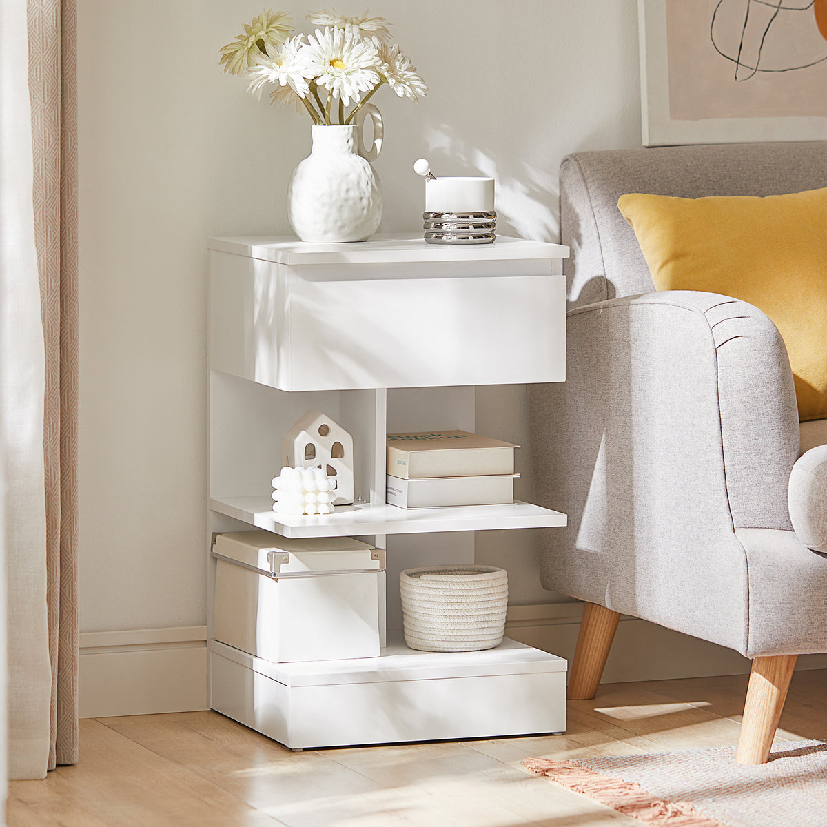 SoBuy FBT49-Wx2 Lot de 2 Table de Chevet - Table de Nuit avec 1 tiroir et 2 étagères, Table d'appoint pour Chambre à Coucher - Meuble de Rangement Moderne L39 x P39 x H65 cm Blanc