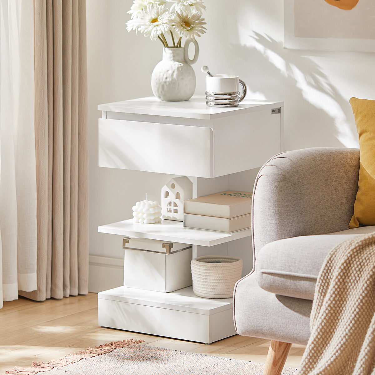 SoBuy FBT49-Wx2 Lot de 2 Table de Chevet - Table de Nuit avec 1 tiroir et 2 étagères, Table d'appoint pour Chambre à Coucher - Meuble de Rangement Moderne L39 x P39 x H65 cm Blanc