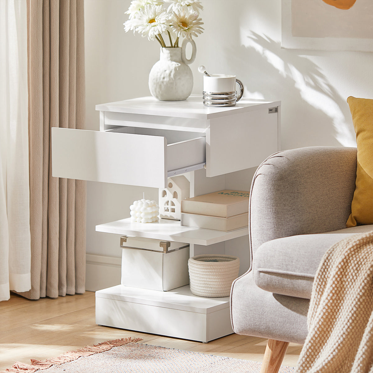SoBuy FBT49-Wx2 Lot de 2 Table de Chevet - Table de Nuit avec 1 tiroir et 2 étagères, Table d'appoint pour Chambre à Coucher - Meuble de Rangement Moderne L39 x P39 x H65 cm Blanc