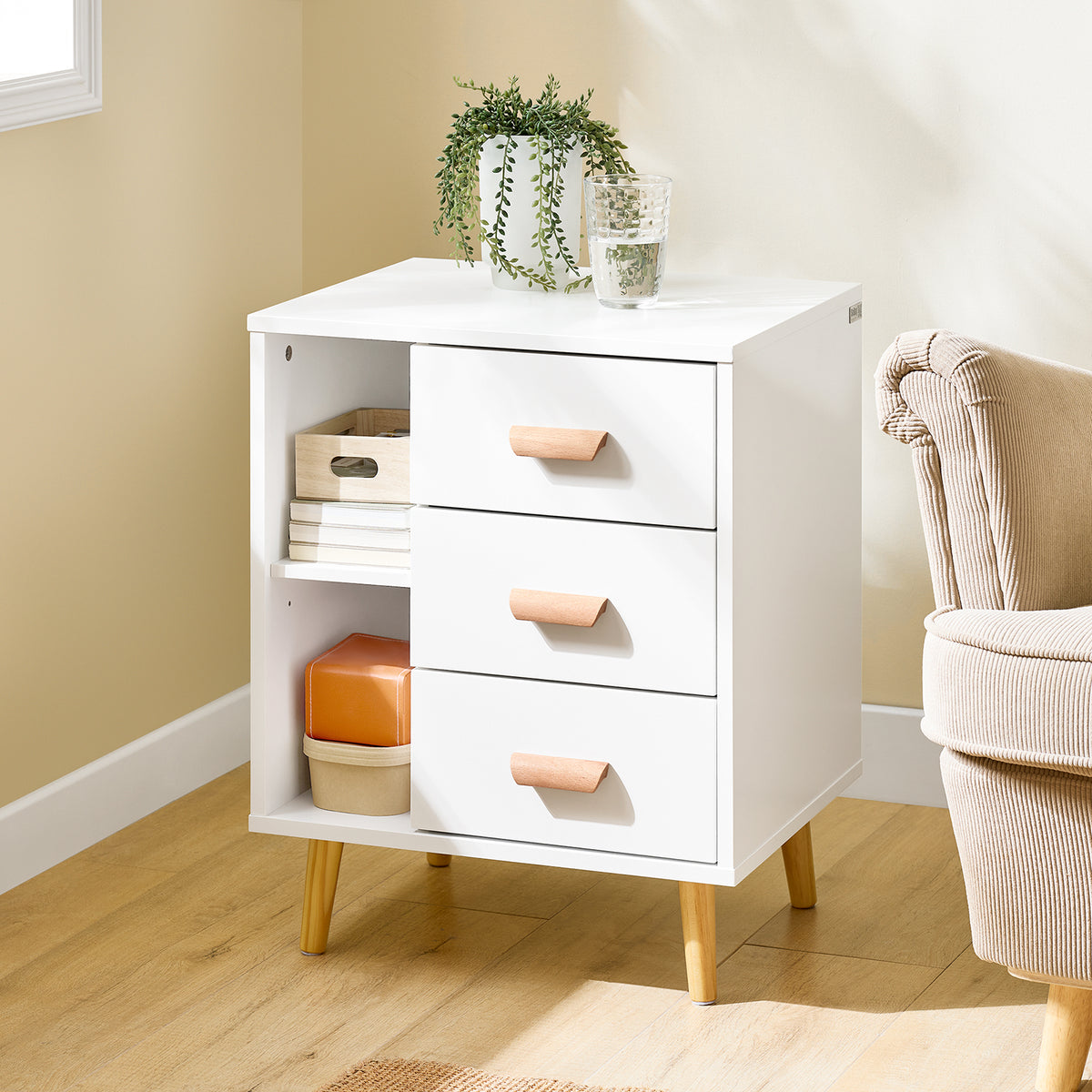 SoBuy FBT95-W Table d’Appoint Bout de Canapé Table de Chevet Table de Nuit avec 3 tiroirs et 2 étagères de rangement