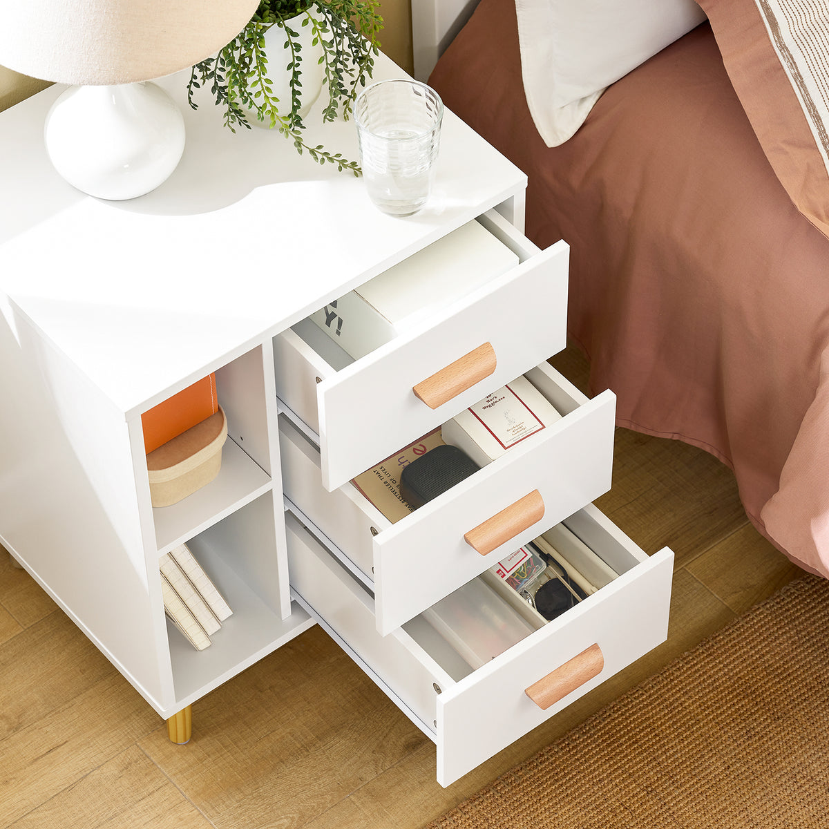 SoBuy FBT95-W Table d’Appoint Bout de Canapé Table de Chevet Table de Nuit avec 3 tiroirs et 2 étagères de rangement