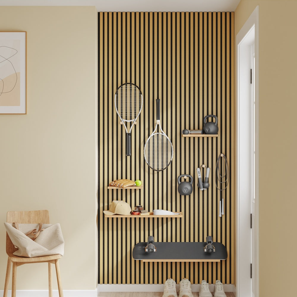 SoBuy FHK40-N Étagère Murale en Bois Naturel avec 2 Tablettes et 3 Crochets – Panneau Mural Modulaire pour Entrée, Salon et Chambre, Rangement Sportif – 120×19×120 cm, Charge 27 kg