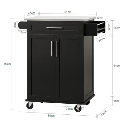 SoBuy FKW110-SCH Desserte de Cuisine à Roulettes – Plan de Travail Inox, Tiroir et Placard, 4 Roulettes dont 2 Freinées, Noir