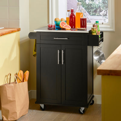 SoBuy FKW110-SCH Desserte de Cuisine à Roulettes – Plan de Travail Inox, Tiroir et Placard, 4 Roulettes dont 2 Freinées, Noir