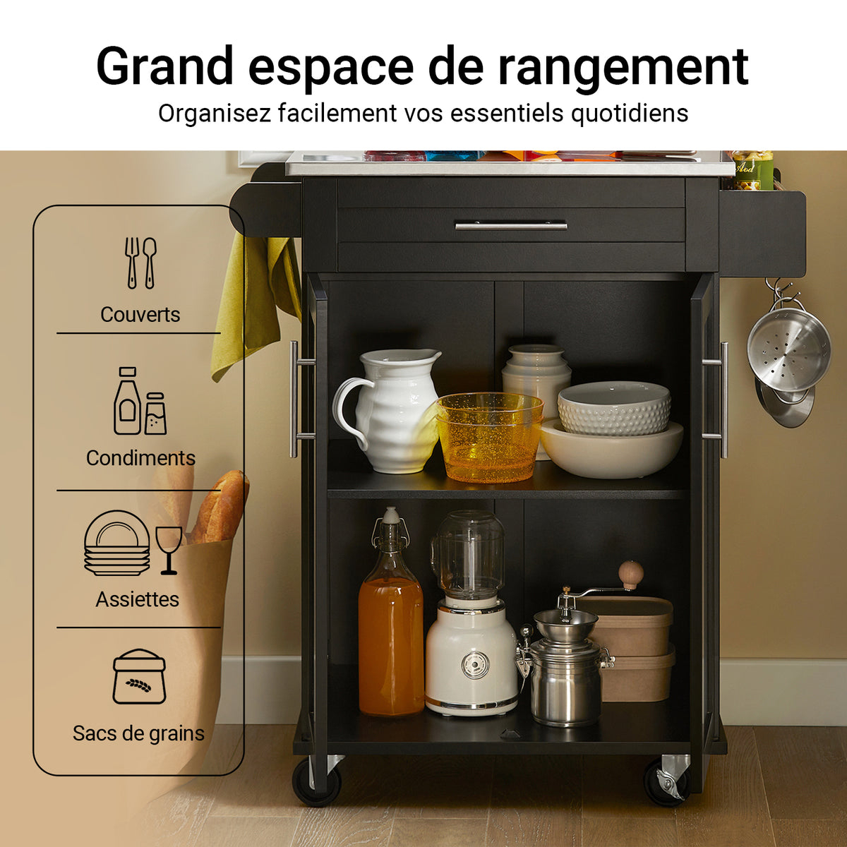 SoBuy FKW110-SCH Desserte de Cuisine à Roulettes – Plan de Travail Inox, Tiroir et Placard, 4 Roulettes dont 2 Freinées, Noir
