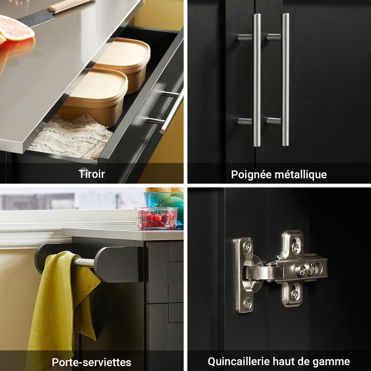 SoBuy FKW110-SCH Desserte de Cuisine à Roulettes – Plan de Travail Inox, Tiroir et Placard, 4 Roulettes dont 2 Freinées, Noir