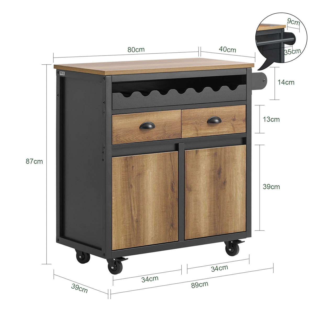 SoBuy FKW122-SCH Desserte de Cuisine à roulettes Chariot de Cuisine, 1 Porte-Bouteilles, 2 Tiroirs et 2 Portes