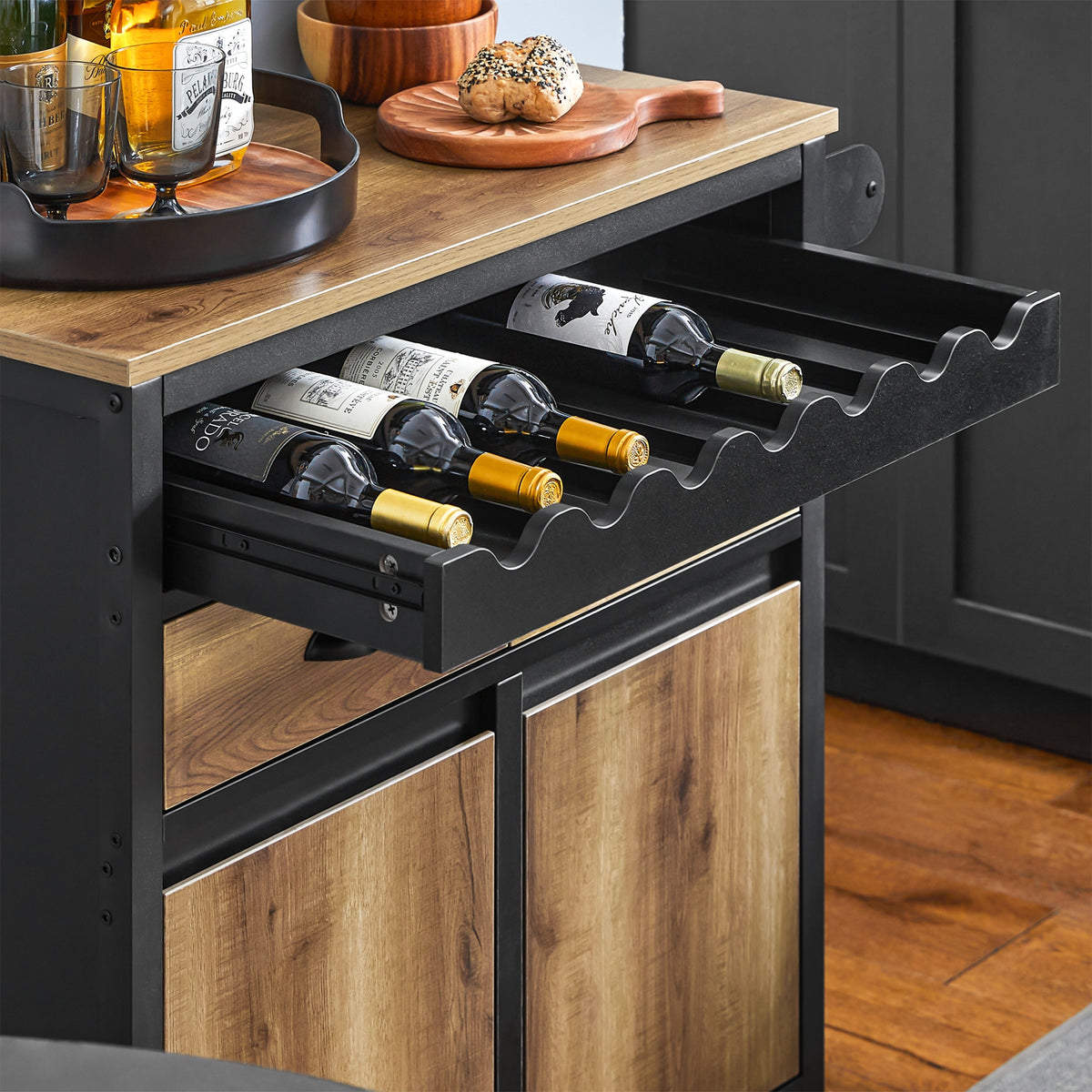 SoBuy FKW122-SCH Desserte de Cuisine à roulettes Chariot de Cuisine, 1 Porte-Bouteilles, 2 Tiroirs et 2 Portes