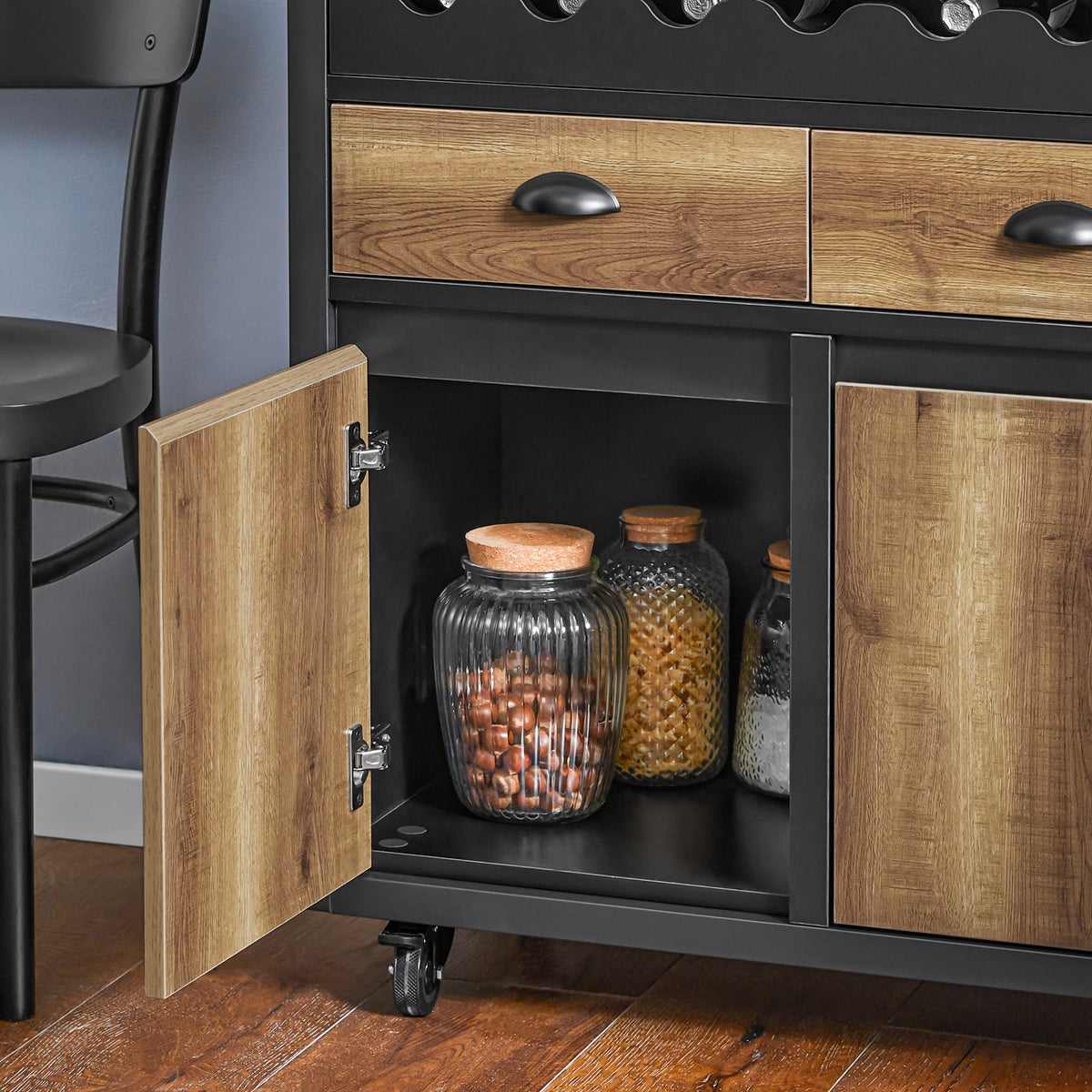 SoBuy FKW122-SCH Desserte de Cuisine à roulettes Chariot de Cuisine, 1 Porte-Bouteilles, 2 Tiroirs et 2 Portes