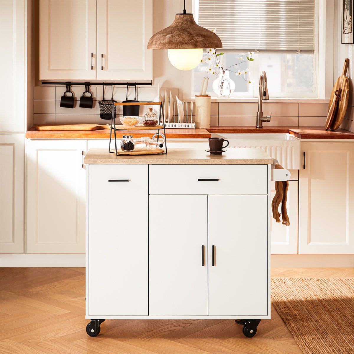 SoBuy FKW126-WN Ìlot de Cuisine sur Roulettes – 2 Tiroirs, 2 Portes, Porte-Torchon, Charge 92 kg – 105×46×92 cm, Blanc