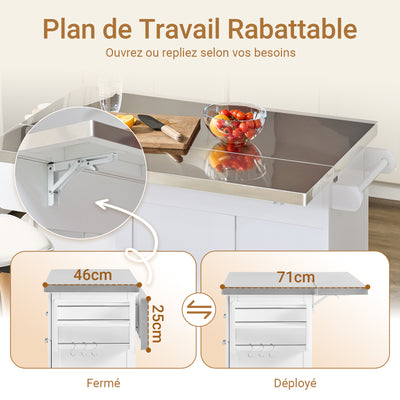 SoBuy FKW128-II-ST Îlot de Cuisine Mobile avec Plan Inox Rabattable – 2 Tiroirs, 130 × 46–71 × 91 cm, Blanc