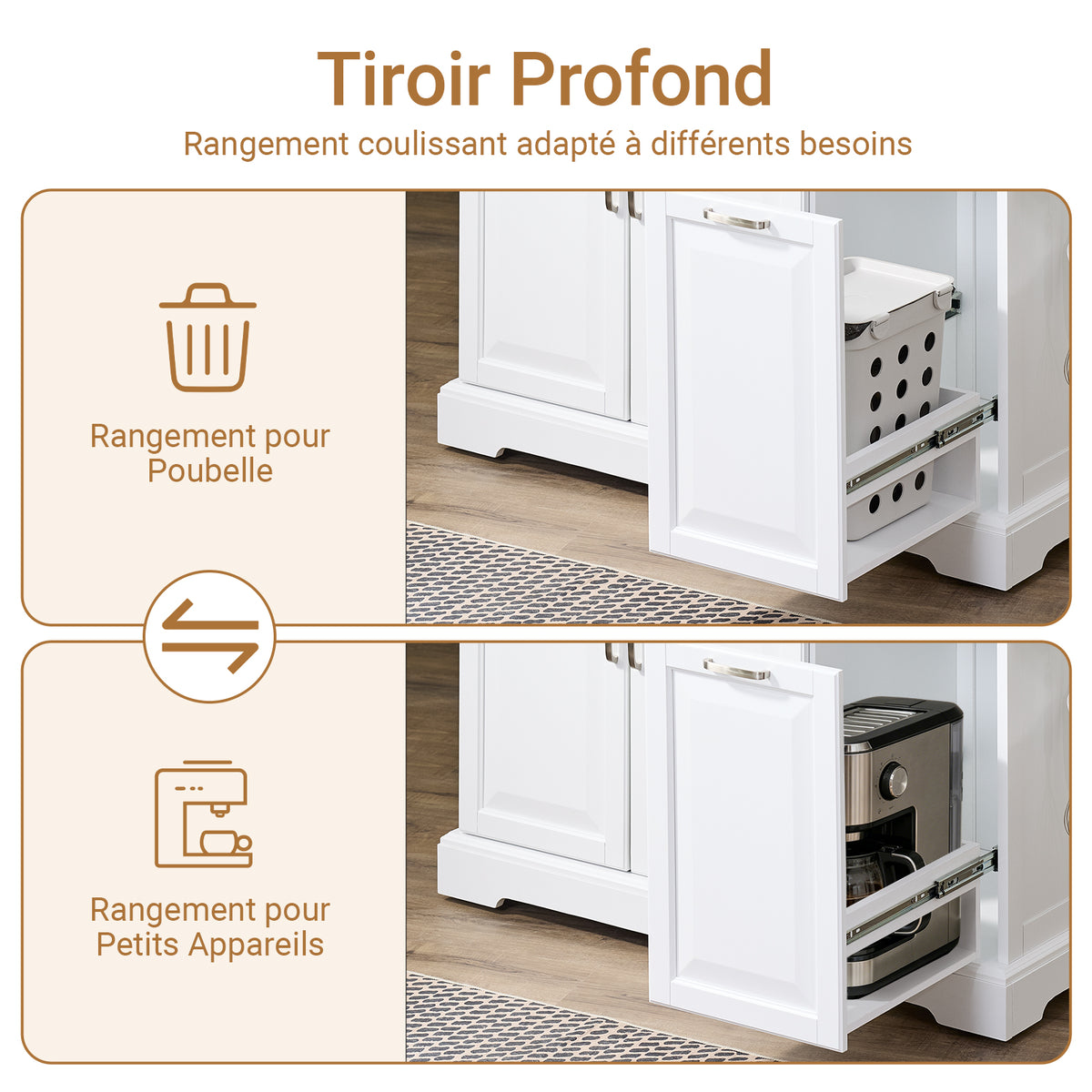 SoBuy FKW128-II-ST Îlot de Cuisine Mobile avec Plan Inox Rabattable – 2 Tiroirs, 130 × 46–71 × 91 cm, Blanc