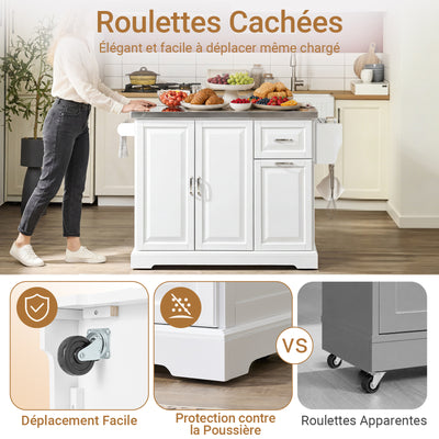 SoBuy FKW128-II-ST Îlot de Cuisine Mobile avec Plan Inox Rabattable – 2 Tiroirs, 130 × 46–71 × 91 cm, Blanc