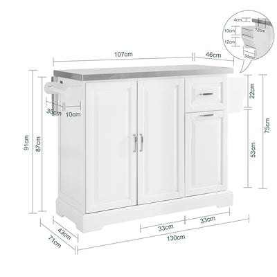 SoBuy FKW128-II-ST Îlot de Cuisine Mobile avec Plan Inox Rabattable – 2 Tiroirs, 130 × 46–71 × 91 cm, Blanc