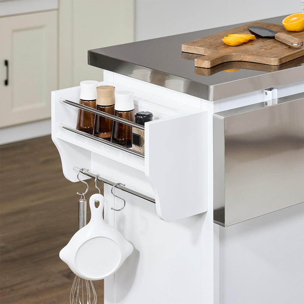 SoBuy FKW128-II-ST Îlot de Cuisine Mobile avec Plan Inox Rabattable – 2 Tiroirs, 130 × 46–71 × 91 cm, Blanc