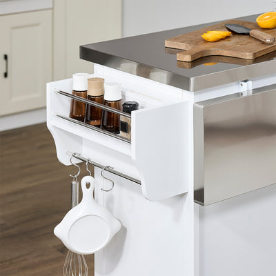SoBuy FKW128-II-ST Îlot de Cuisine Mobile avec Plan Inox Rabattable – 2 Tiroirs, 130 × 46–71 × 91 cm, Blanc