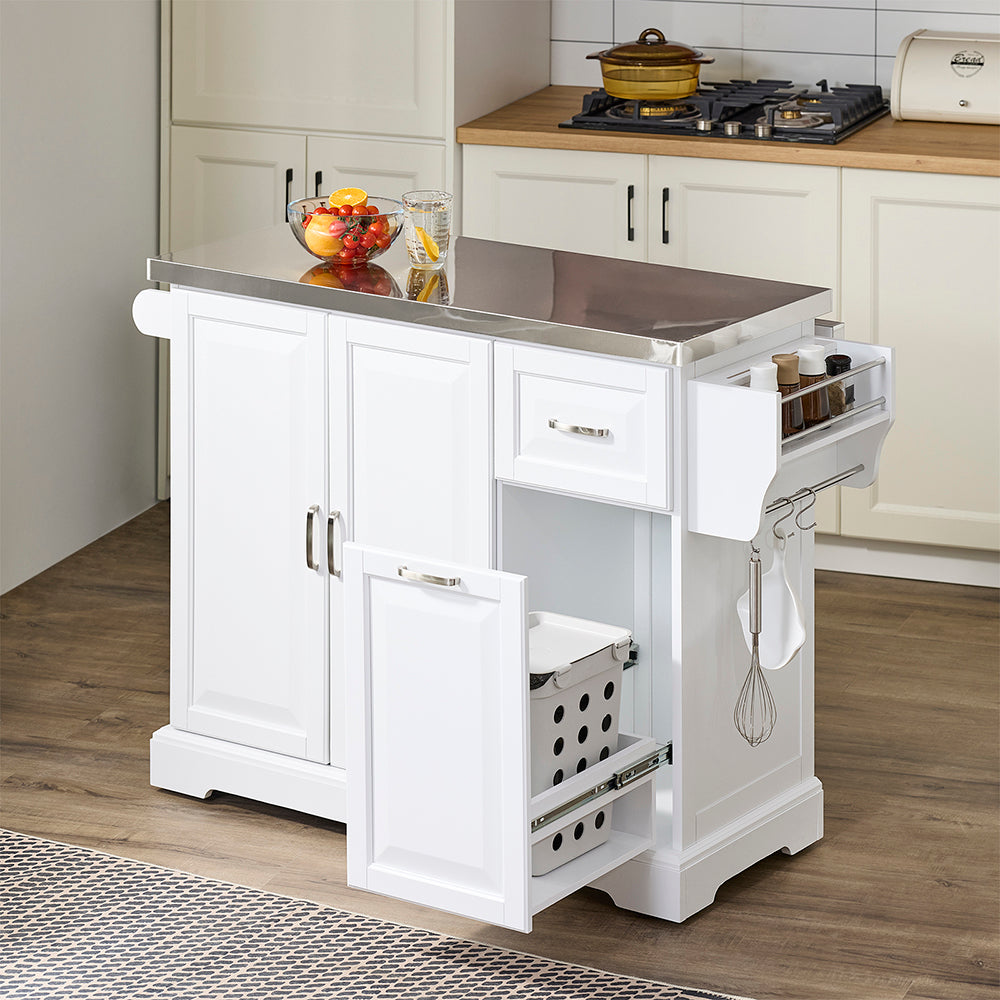 SoBuy FKW128-II-ST Îlot de Cuisine Mobile avec Plan Inox Rabattable – 2 Tiroirs, 130 × 46–71 × 91 cm, Blanc