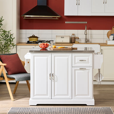 SoBuy FKW128-II-ST Îlot de Cuisine Mobile avec Plan Inox Rabattable – 2 Tiroirs, 130 × 46–71 × 91 cm, Blanc