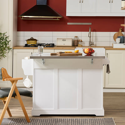 SoBuy FKW128-II-ST Îlot de Cuisine Mobile avec Plan Inox Rabattable – 2 Tiroirs, 130 × 46–71 × 91 cm, Blanc