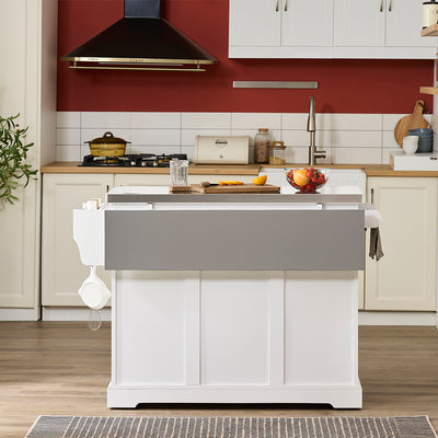 SoBuy FKW128-II-ST Îlot de Cuisine Mobile avec Plan Inox Rabattable – 2 Tiroirs, 130 × 46–71 × 91 cm, Blanc
