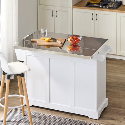 SoBuy FKW128-II-ST Îlot de Cuisine Mobile avec Plan Inox Rabattable – 2 Tiroirs, 130 × 46–71 × 91 cm, Blanc