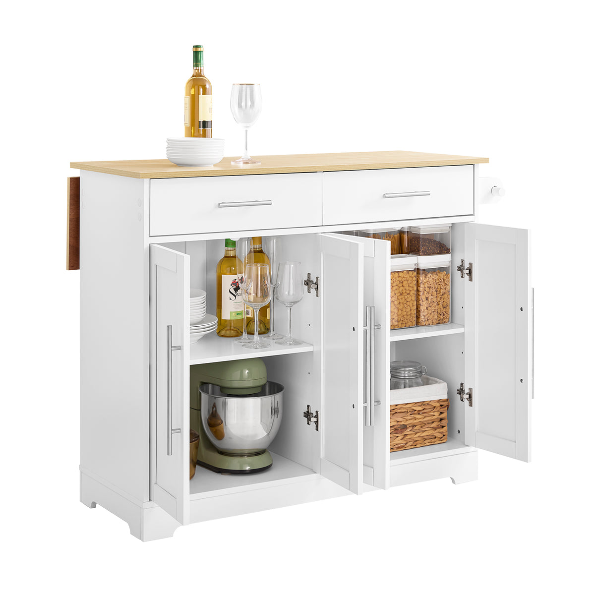 SoBuy FKW129-WN îlot Central de Cuisine sur Roulettes – Plan Extensible 44→69 cm, 2 Tiroirs, 2 Portes, Étagères Réglables – 1