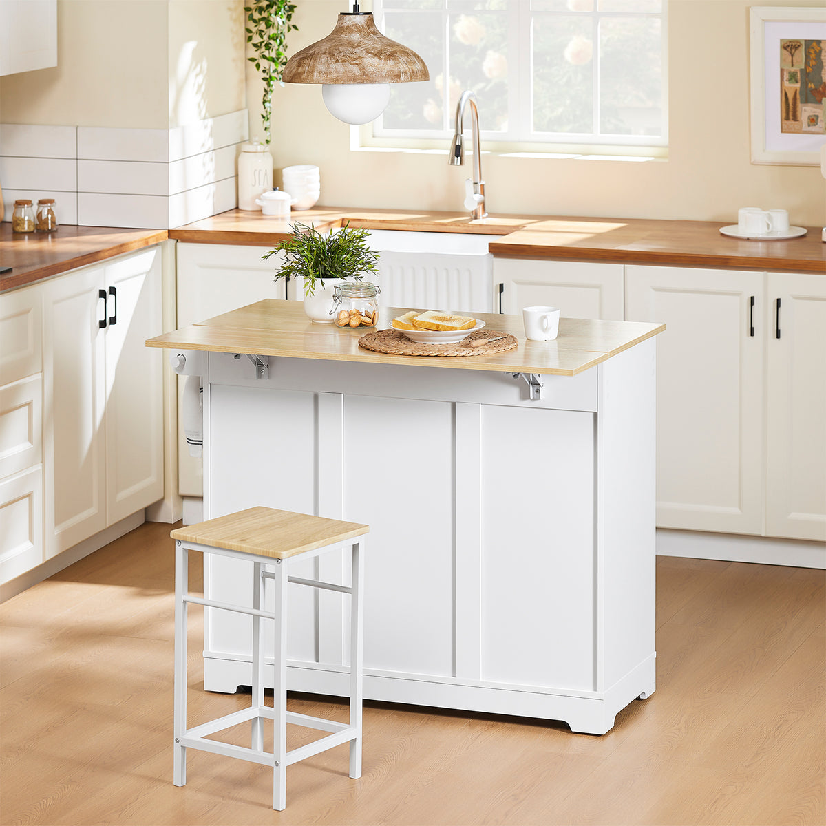 SoBuy FKW129-WN îlot Central de Cuisine sur Roulettes – Plan Extensible 44→69 cm, 2 Tiroirs, 2 Portes, Étagères Réglables – 113×91 cm, Blanc