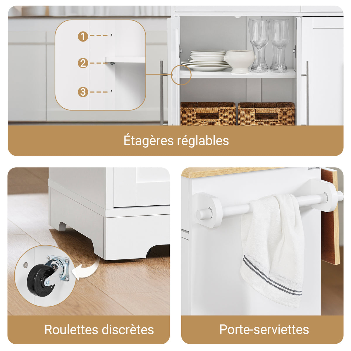 SoBuy FKW129-WN îlot Central de Cuisine sur Roulettes – Plan Extensible 44→69 cm, 2 Tiroirs, 2 Portes, Étagères Réglables – 113×91 cm, Blanc