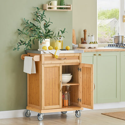 SoBuy FKW13-N Desserte de Cuisine à Roulettes en Bambou avec Plan de Travail INOX, 1 Tiroir et 2 Portes, Chariot de Service – 66x46x92 cm, Naturel