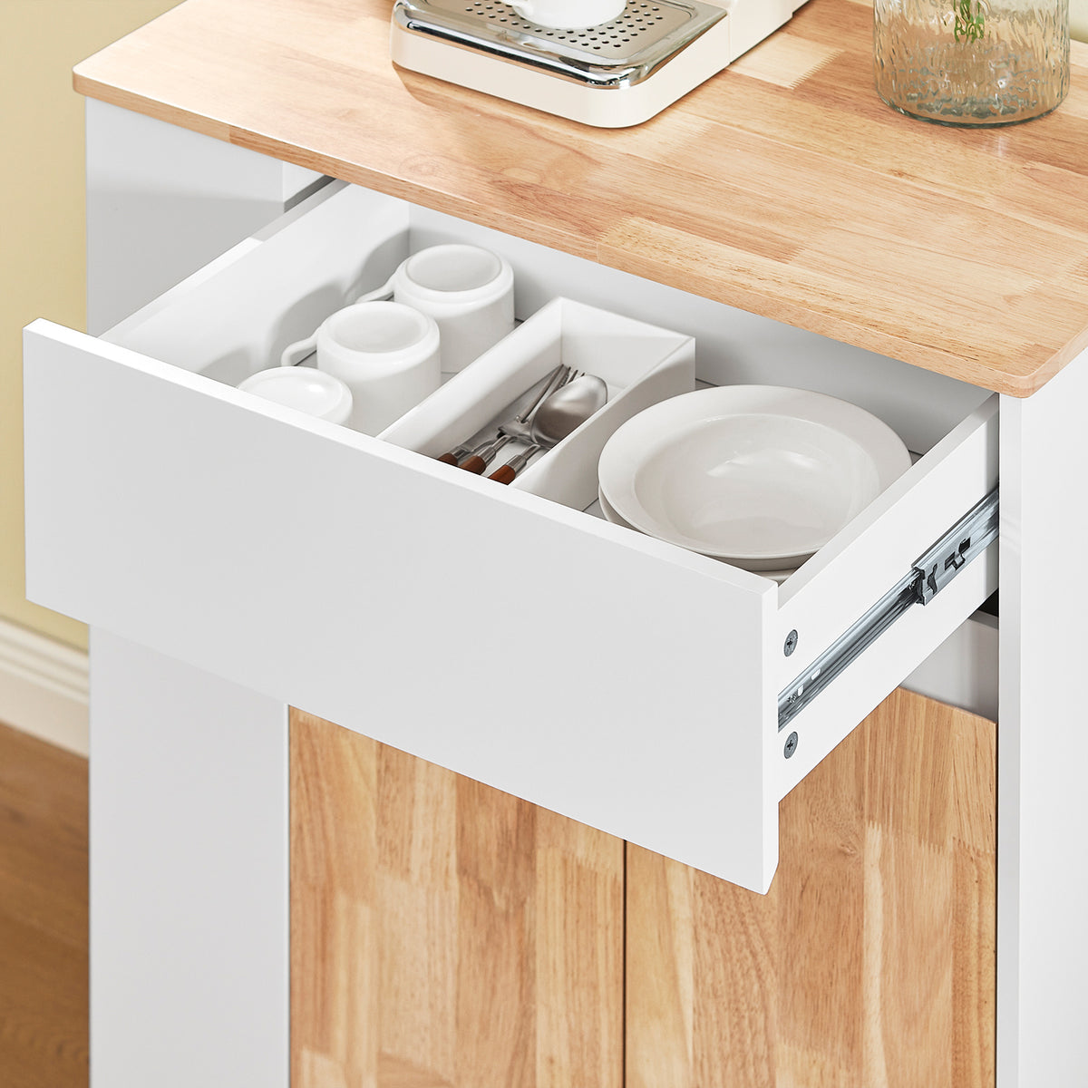 SoBuy FKW132-WN Desserte Cuisine avec Roues, pour Cuisine et Salle à Manger, Rangement Optimisé, Design Fonctionnel – L70×P40×H90 cm, Bois d’Hévéa, Blanc
