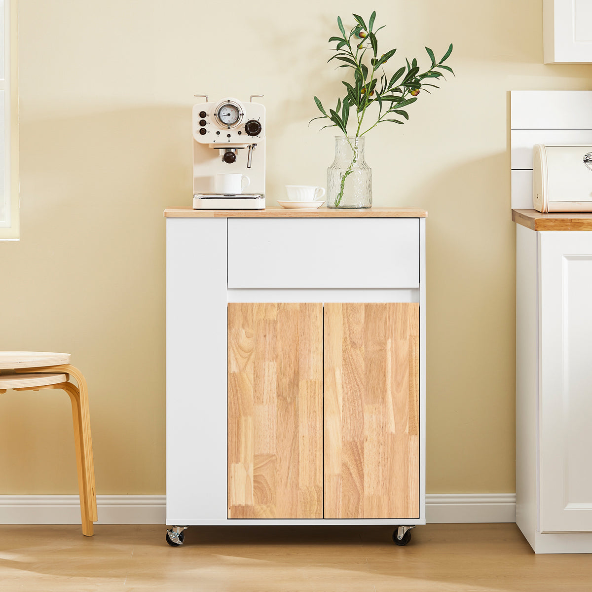 SoBuy FKW132-WN Desserte Cuisine avec Roues, pour Cuisine et Salle à Manger, Rangement Optimisé, Design Fonctionnel – L70×P40×H90 cm, Bois d’Hévéa, Blanc